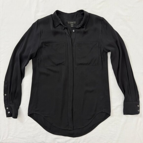 J.Crew Women’s Black Silk Long Sleeve Button Front Blouse Size 2 Minimalist - Picture 6 of 13